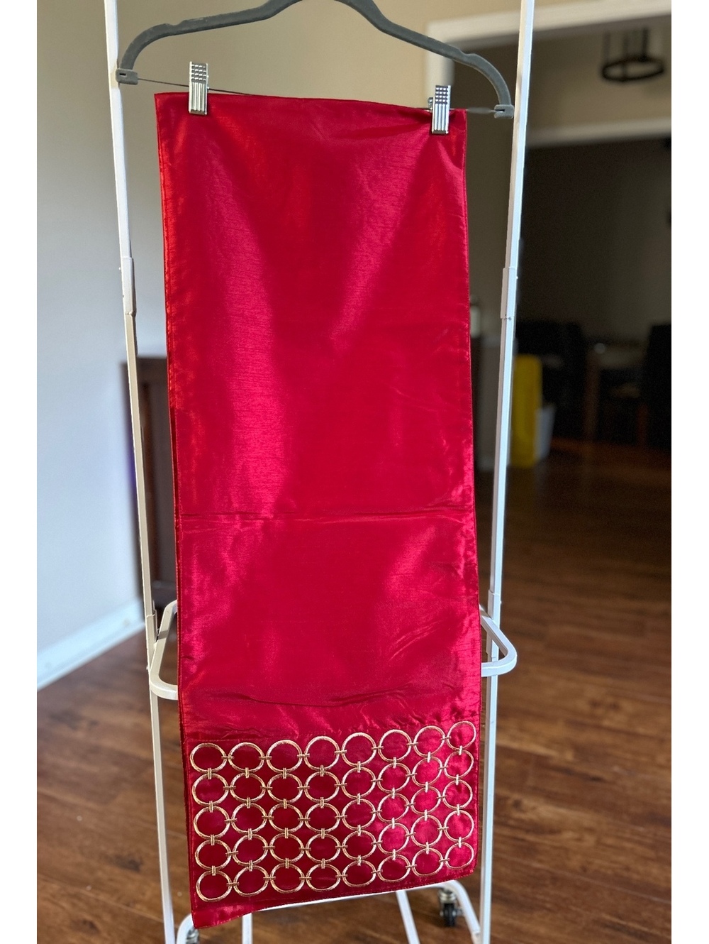 Elegant Red Satin Table Runner with Gold Embroidery